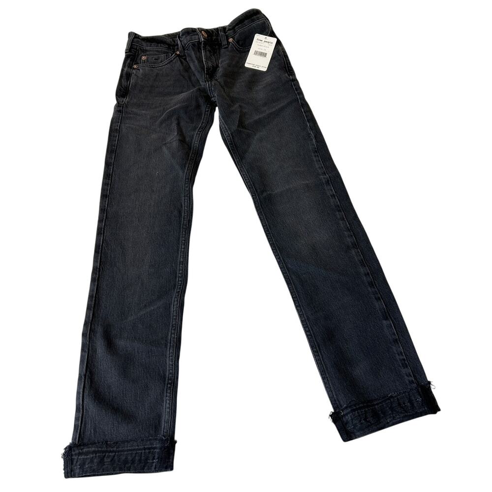 Free People Slim Boyfriend Jeans Women's Cuffed Released Frayed Hem Black Sz. 24 - Picture 3 of 11